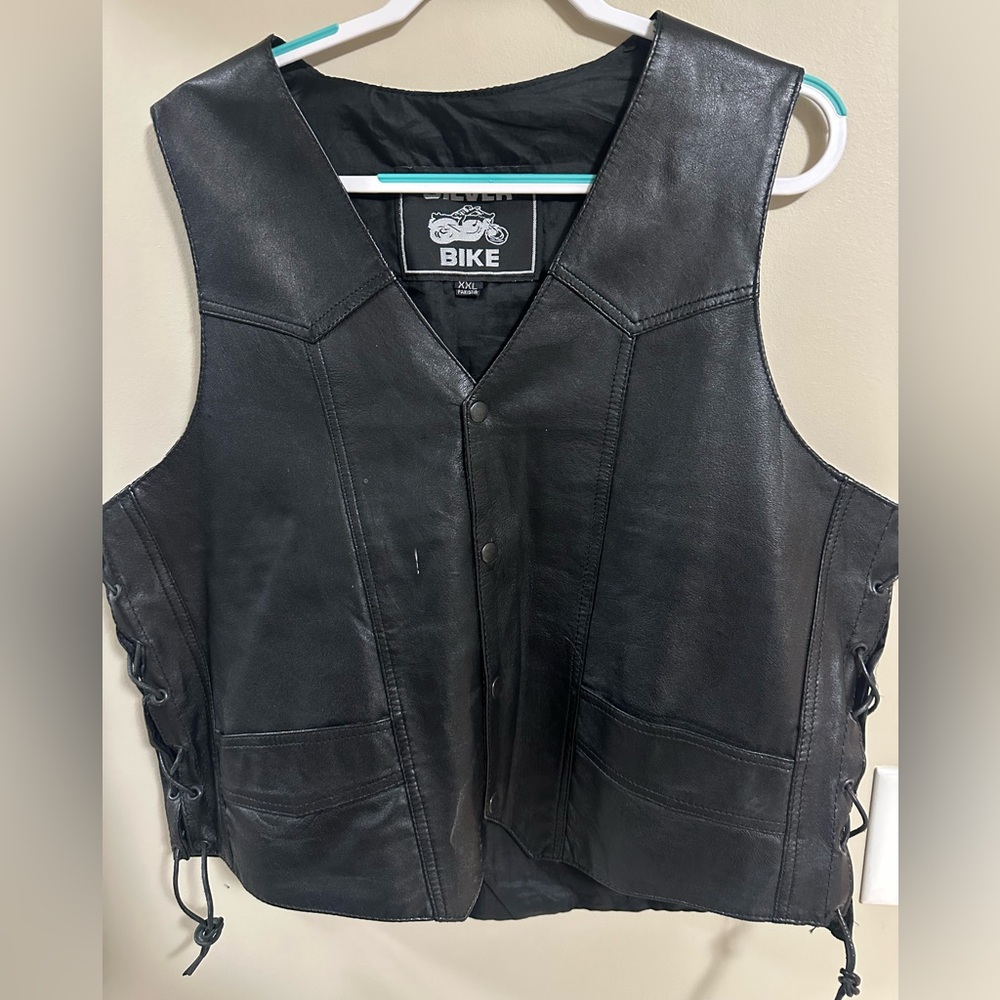 SILVER BIKE black leather biker vest